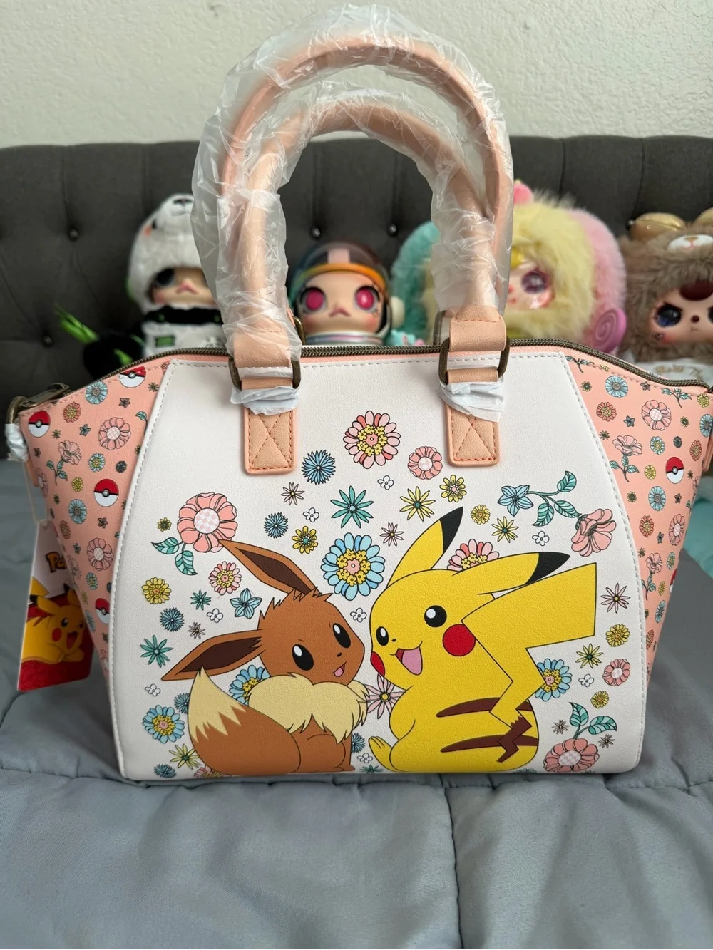 Loungefly Pikachu & Eevee Floral Pink Satchel Handbag w/ detachable strap.